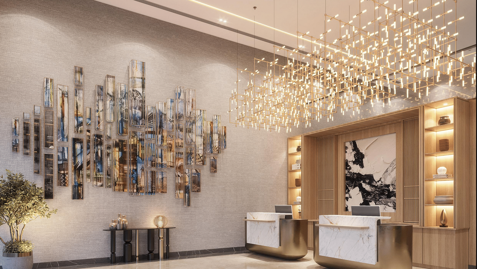 Image of lobby with reception desk and lights on the ceiling at Ramada Encore by Wyndham Gurugram Dwarka Expressway